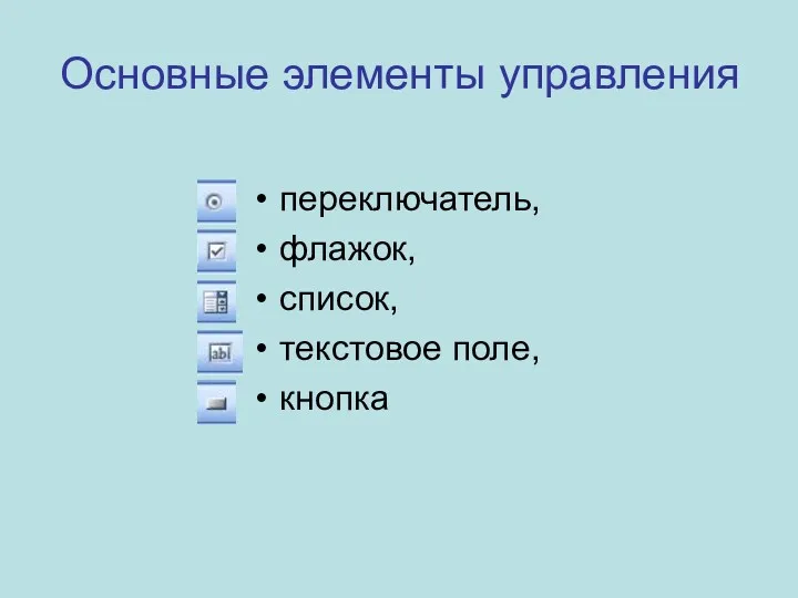 Основные элементы управления переключатель, флажок, список, текстовое поле, кнопка