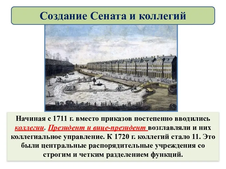 Начиная с 1711 г. вместо приказов постепенно вводились коллегии. Президент