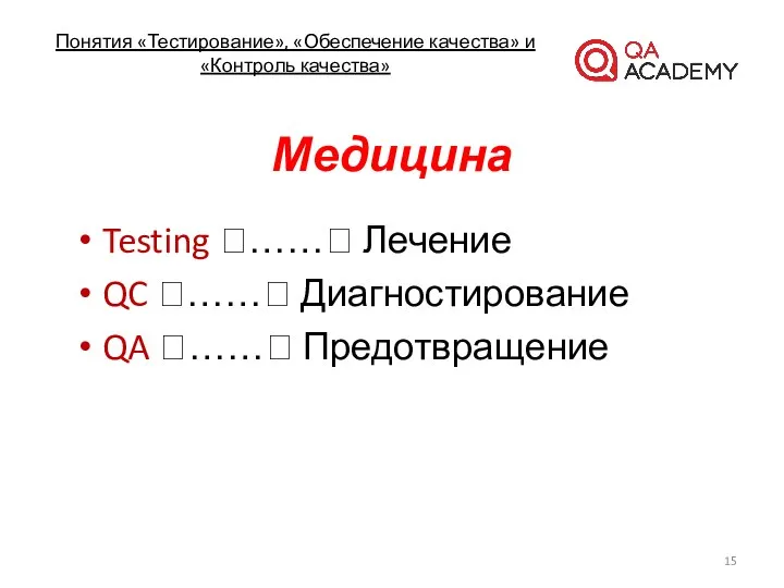 Понятия «Тестирование», «Обеспечение качества» и «Контроль качества» Медицина Testing ?……? Лечение QC ?……?