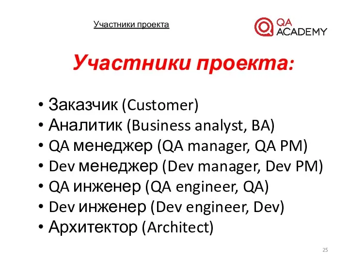 Участники проекта: Заказчик (Customer) Аналитик (Business analyst, BA) QA менеджер (QA manager, QA