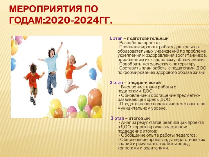 МЕРОПРИЯТИЯ ПО ГОДАМ:2020-2024ГГ. 1 этап – подготовительный -Разработка проекта. -Проанализировать