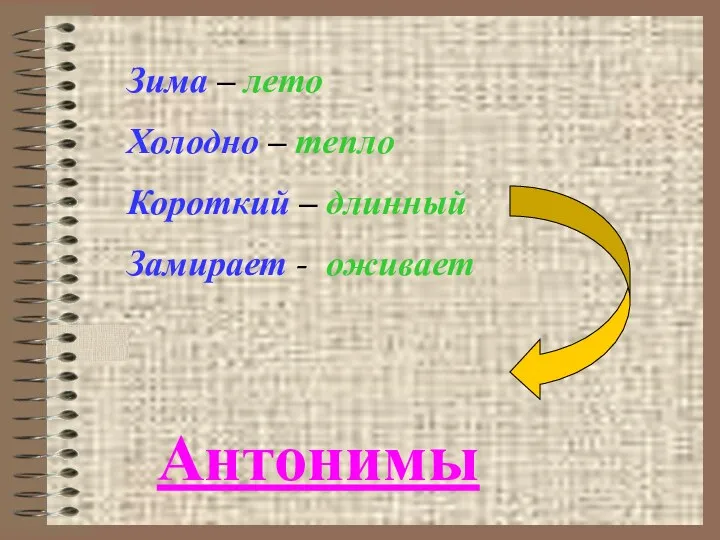 Зима – лето Холодно – тепло Короткий – длинный Замирает - оживает Антонимы