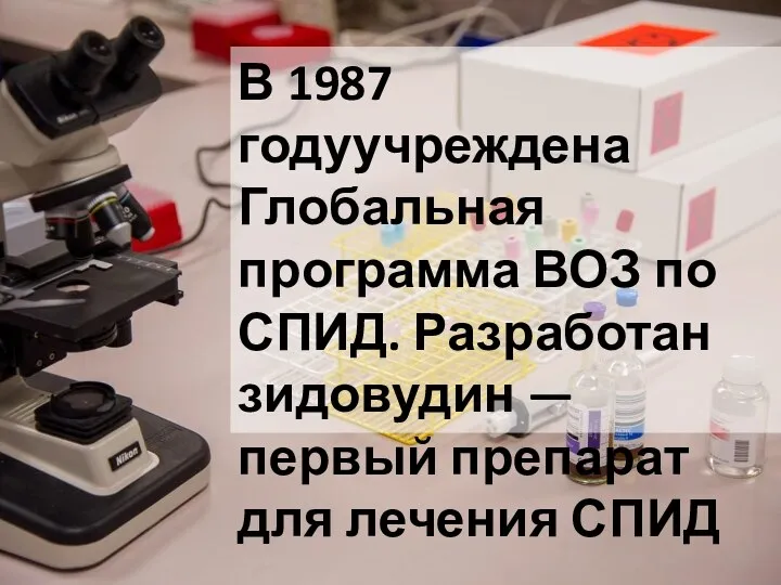 В 1987 годуучреждена Глобальная программа ВОЗ по СПИД. Разработан зидовудин — первый препарат для лечения СПИД