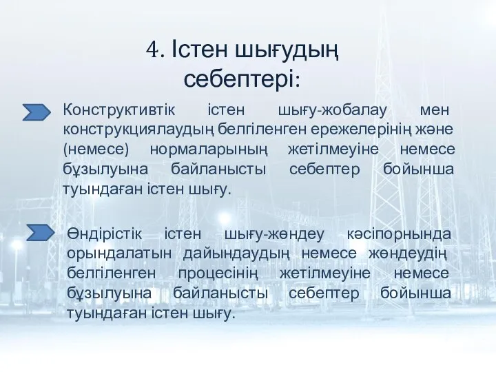 4. Істен шығудың себептері: Конструктивтік істен шығу-жобалау мен конструкциялаудың белгіленген ережелерінің және (немесе)