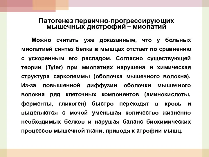 Патогенез первично-прогрессирующих мышечных дистрофий – миопатий Можно считать уже доказанным,