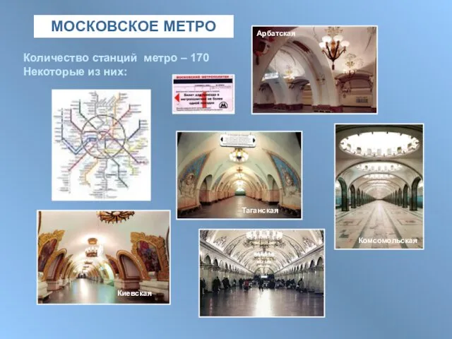МОСКОВСКОЕ МЕТРО Количество станций метро – 170 Некоторые из них: Арбатская Киевская Комсомольская Таганская