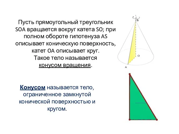 Пусть прямоугольный треугольник SOA вращается вокруг катета SO; при полном