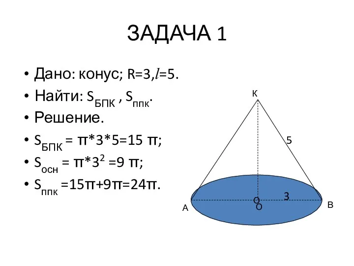 ЗАДАЧА 1 Дано: конус; R=3,l=5. Найти: SБПК , Sппк. Решение.