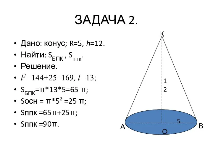 ЗАДАЧА 2. Дано: конус; R=5, h=12. Найти: SБПК , Sппк.