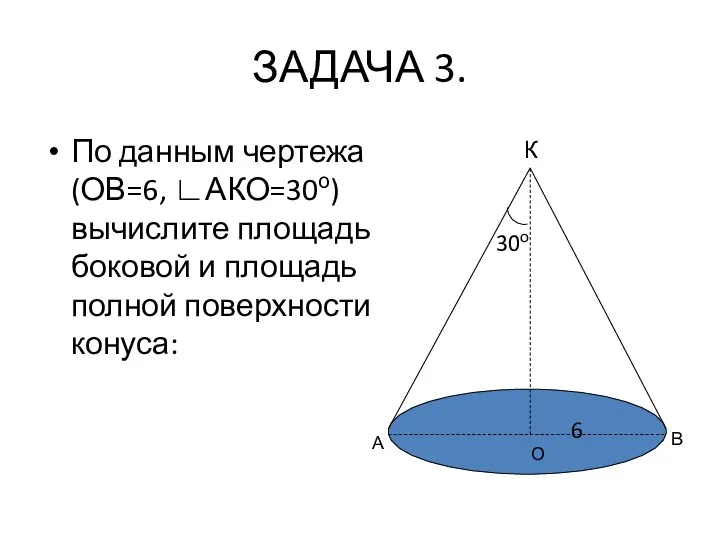 ЗАДАЧА 3. По данным чертежа (ОВ=6, ∟АКО=30о) вычислите площадь боковой