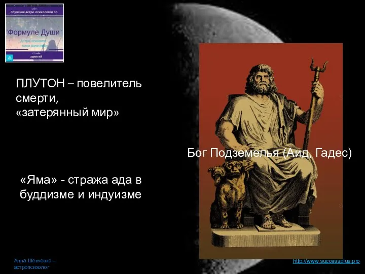 http://www.successplus.pro Алла Шевченко – астропсихолог Бог Подземелья (Аид, Гадес) ПЛУТОН