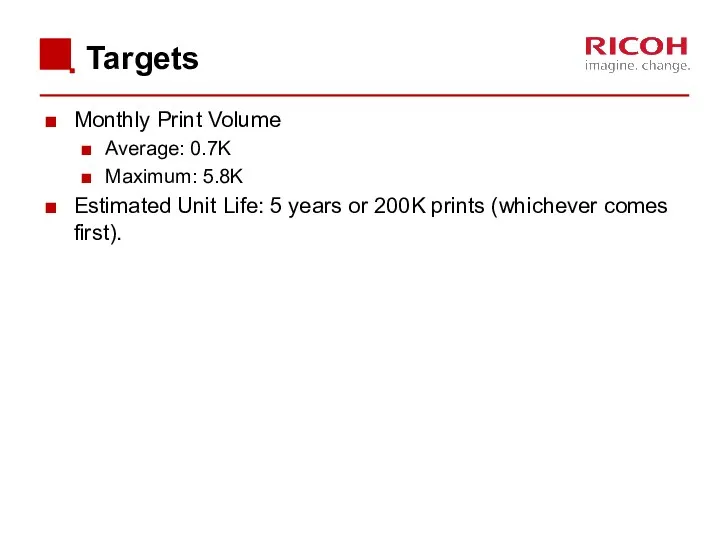 Targets Monthly Print Volume Average: 0.7K Maximum: 5.8K Estimated Unit