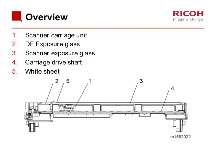 Overview Scanner carriage unit DF Exposure glass Scanner exposure glass Carriage drive shaft White sheet