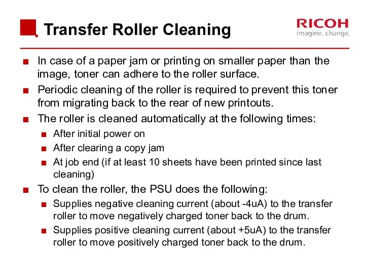 Transfer Roller Cleaning In case of a paper jam or