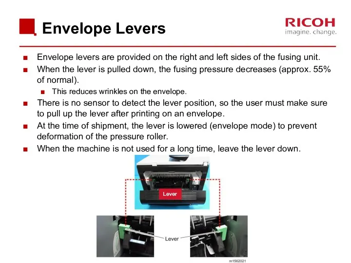 Envelope Levers Envelope levers are provided on the right and