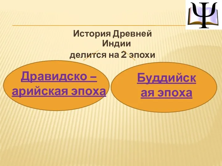 История Древней Индии делится на 2 эпохи Дравидско – арийская эпоха Буддийская эпоха