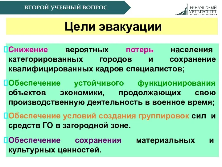 Цели эвакуации Снижение вероятных потерь населения категорированных городов и сохранение