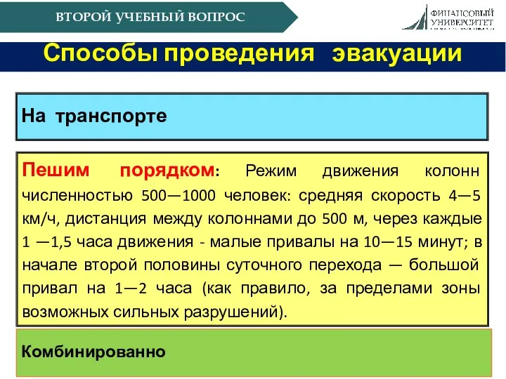 ВТОРОЙ УЧЕБНЫЙ ВОПРОС Способы проведения эвакуации На транспорте Пешим порядком: