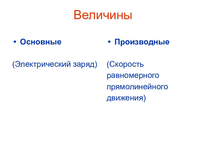 Величины Основные (Электрический заряд) Производные (Скорость равномерного прямолинейного движения)