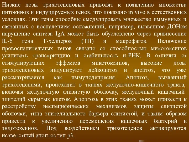 Низкие дозы трихотеценовых приводят к появлению множества цитокинов и индуцируемых