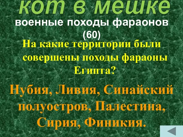 военные походы фараонов (60) На какие территории были совершены походы фараоны Египта? Нубия,