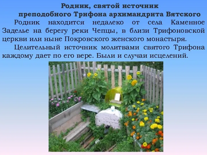 Родник, святой источник преподобного Трифона архимандрита Вятского Родник находится недалеко