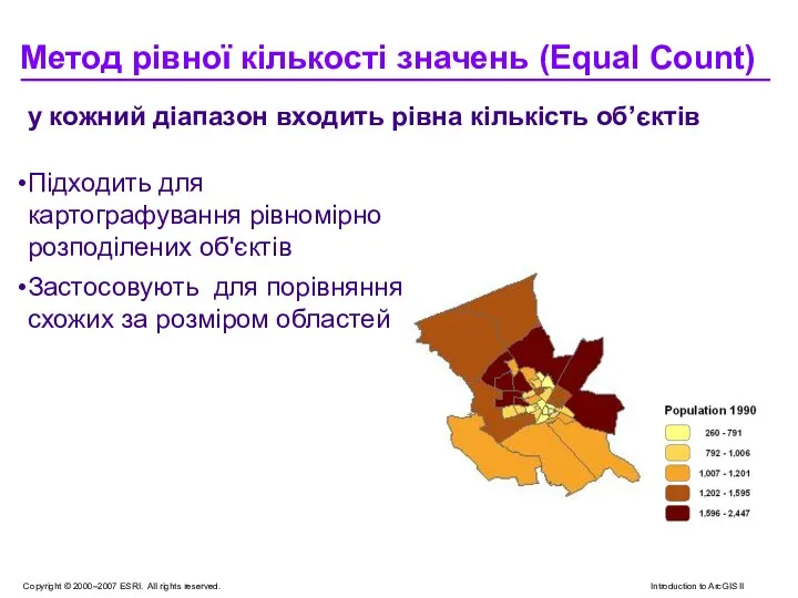 Метод рівної кількості значень (Equal Count) у кожний діапазон входить рівна кількість об’єктів