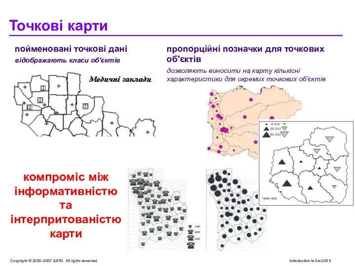 Точкові карти пойменовані точкові дані відображають класи об'єктів пропорційні позначки для точкових об'єктів