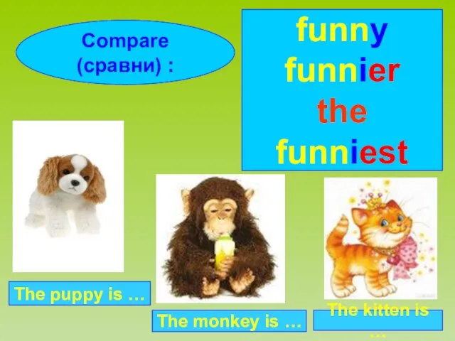 Compare (сравни) : funny funnier the funniest The puppy is … The monkey