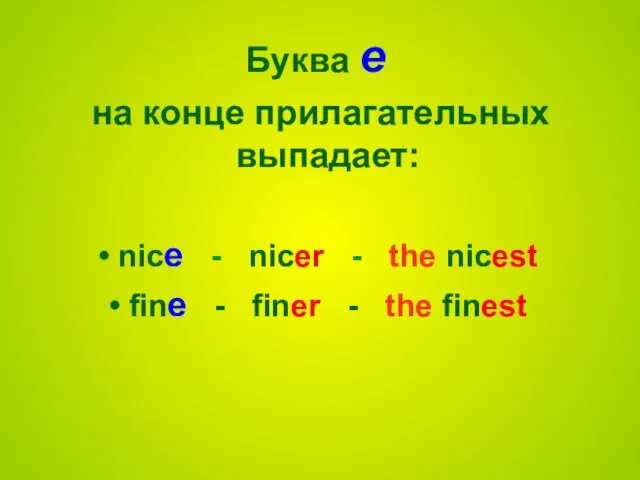Буква е на конце прилагательных выпадает: nice - nicer - the nicest fine