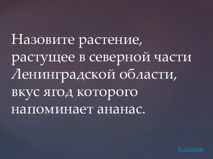 Назовите растение, растущее в северной части Ленинградской области, вкус ягод которого напоминает ананас. К таблице