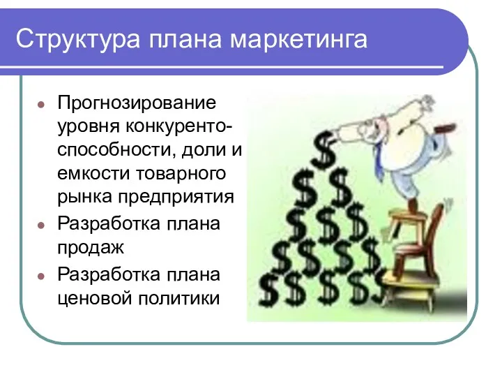 Структура плана маркетинга Прогнозирование уровня конкуренто-способности, доли и емкости товарного