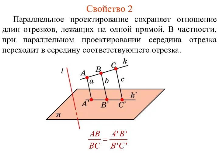 Свойство 2 Параллельное проектирование сохраняет отношение длин отрезков, лежащих на