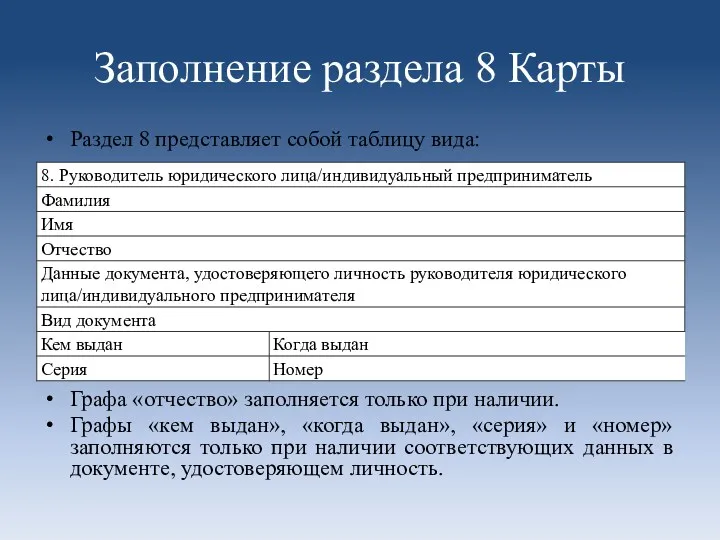 Заполнение раздела 8 Карты Раздел 8 представляет собой таблицу вида: