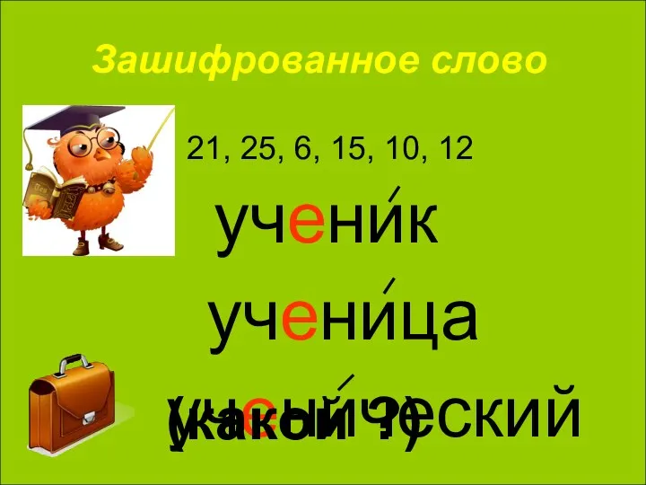 Зашифрованное слово 21, 25, 6, 15, 10, 12 ученик ученица ученический (какой ?)