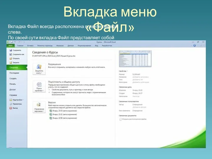 Вкладка меню «Файл» Вкладка Файл всегда расположена в ленте первой