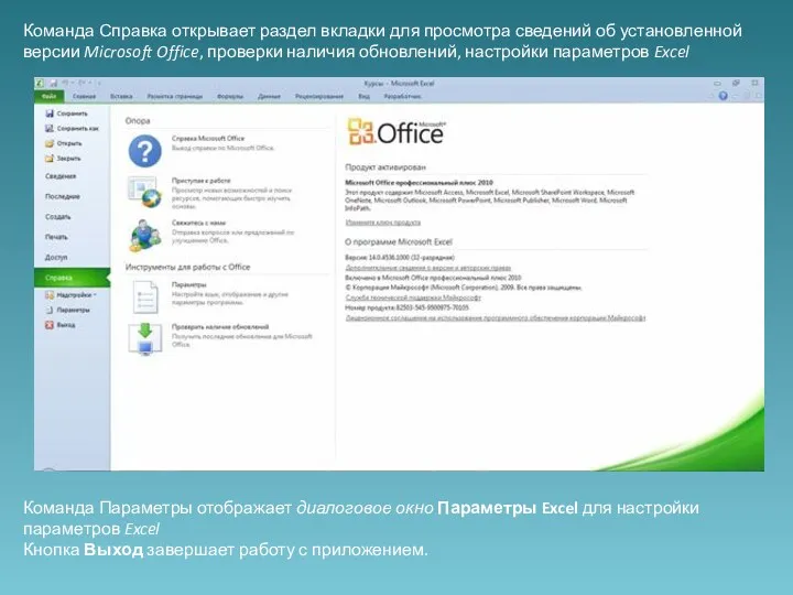 Команда Справка открывает раздел вкладки для просмотра сведений об установленной