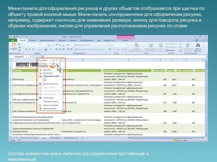 Мини-панели для оформления рисунков и других объектов отображается при щелчке