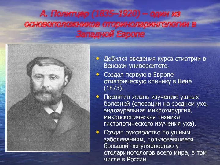 А. Политцер (1835–1920) – один из основоположников оториноларингологии в Западной