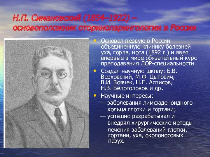 Н.П. Симановский (1854–1922) – основоположник оториноларингологии в России Основал первую