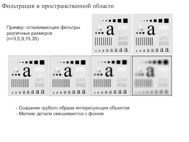 Пример: сглаживающие фильтры различных размеров (n=3,5,9,15,35) Фильтрация в пространственной области