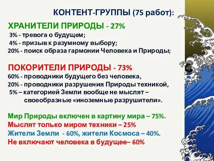 КОНТЕНТ-ГРУППЫ (75 работ): ХРАНИТЕЛИ ПРИРОДЫ - 27% 3% - тревога о будущем; 4%