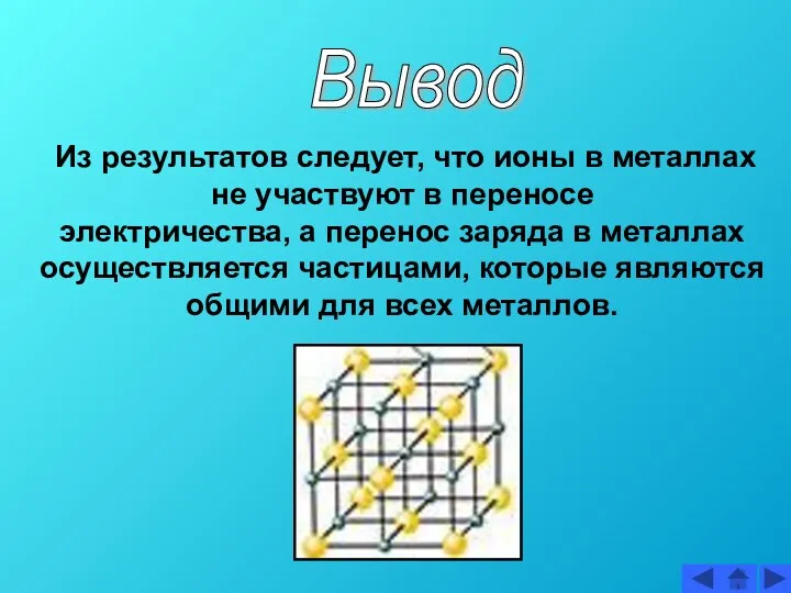 Вывод Из результатов следует, что ионы в металлах не участвуют