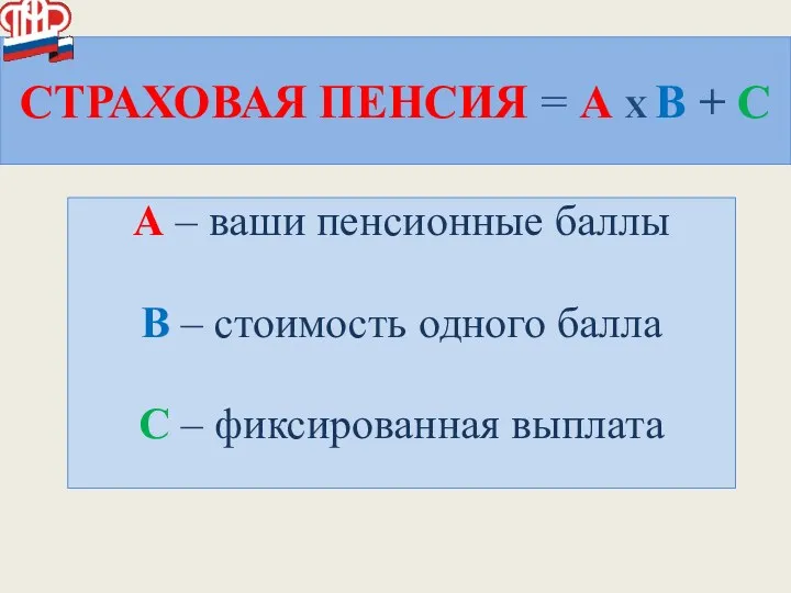 СТРАХОВАЯ ПЕНСИЯ = А X В + С А –