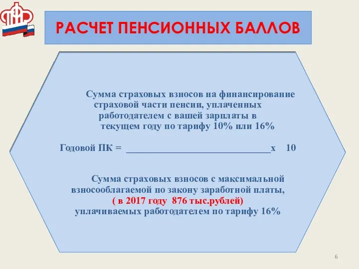 РАСЧЕТ ПЕНСИОННЫХ БАЛЛОВ Сумма страховых взносов на финансирование страховой части