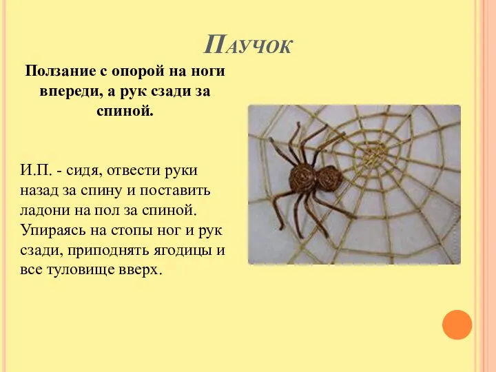 Паучок Ползание с опорой на ноги впереди, а рук сзади