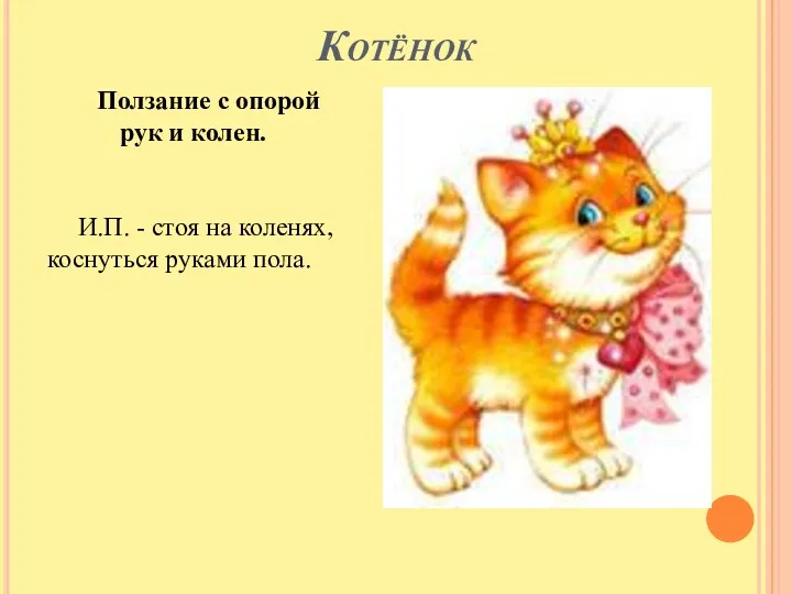 Котёнок Ползание с опорой рук и колен. И.П. - стоя на коленях, коснуться руками пола.