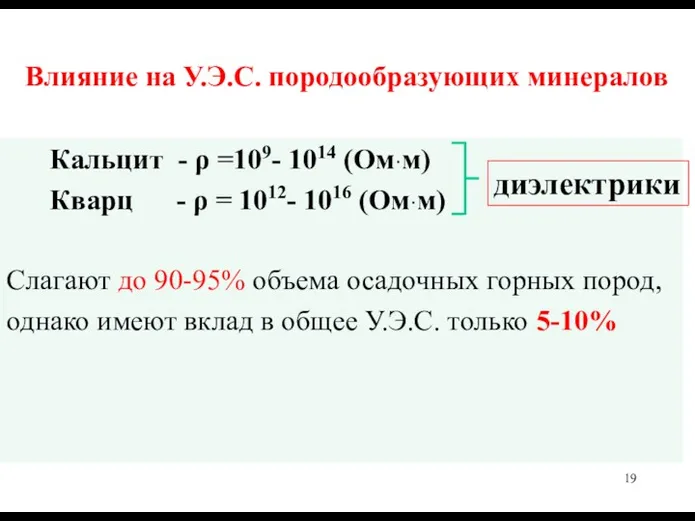 Влияние на У.Э.С. породообразующих минералов Кальцит - ρ =109- 1014