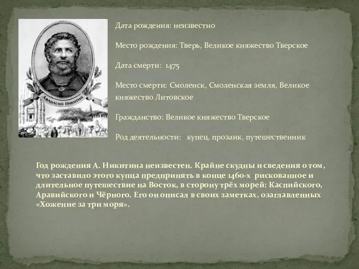 Год рождения А. Никитина неизвестен. Крайне скудны и сведения о том, что заставило