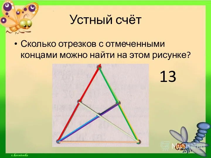 Устный счёт Сколько отрезков с отмеченными концами можно найти на этом рисунке? 13